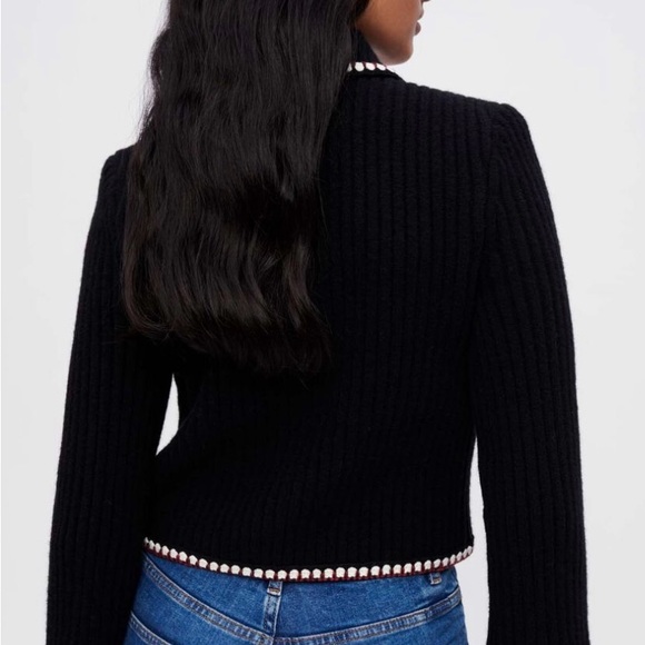 MAJE Contrasting ribbed cropped cardigan - Black with red and white trimming - Picture 3 of 8